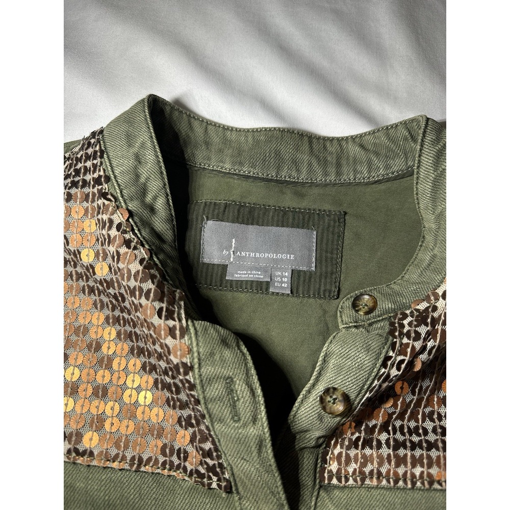 Anthropologie Henley Top Women's 10 Green Sequin Button Up Long Sleeve Western - Picture 4 of 7